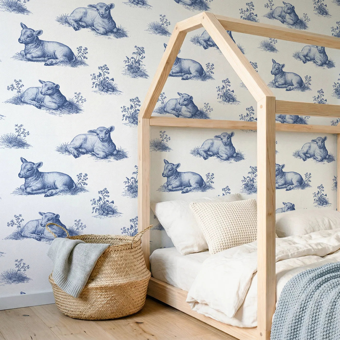 Lamb Toile Garden wallpaper in a styled nursery - Whimsy Tots