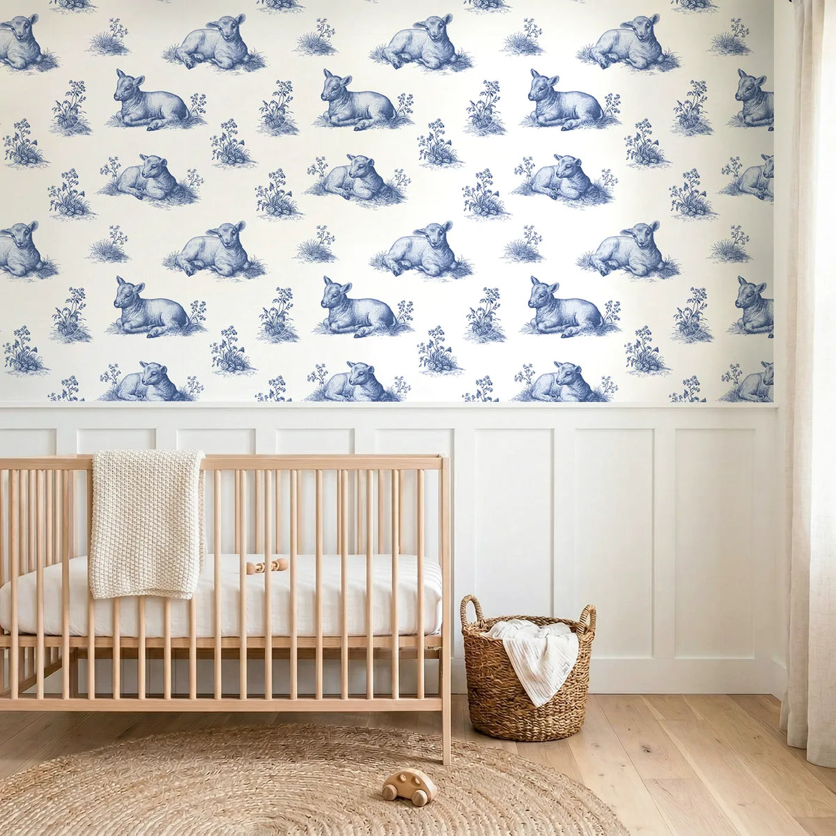 Lamb Toile Garden wallpaper above wainscoting - Whimsy Tots