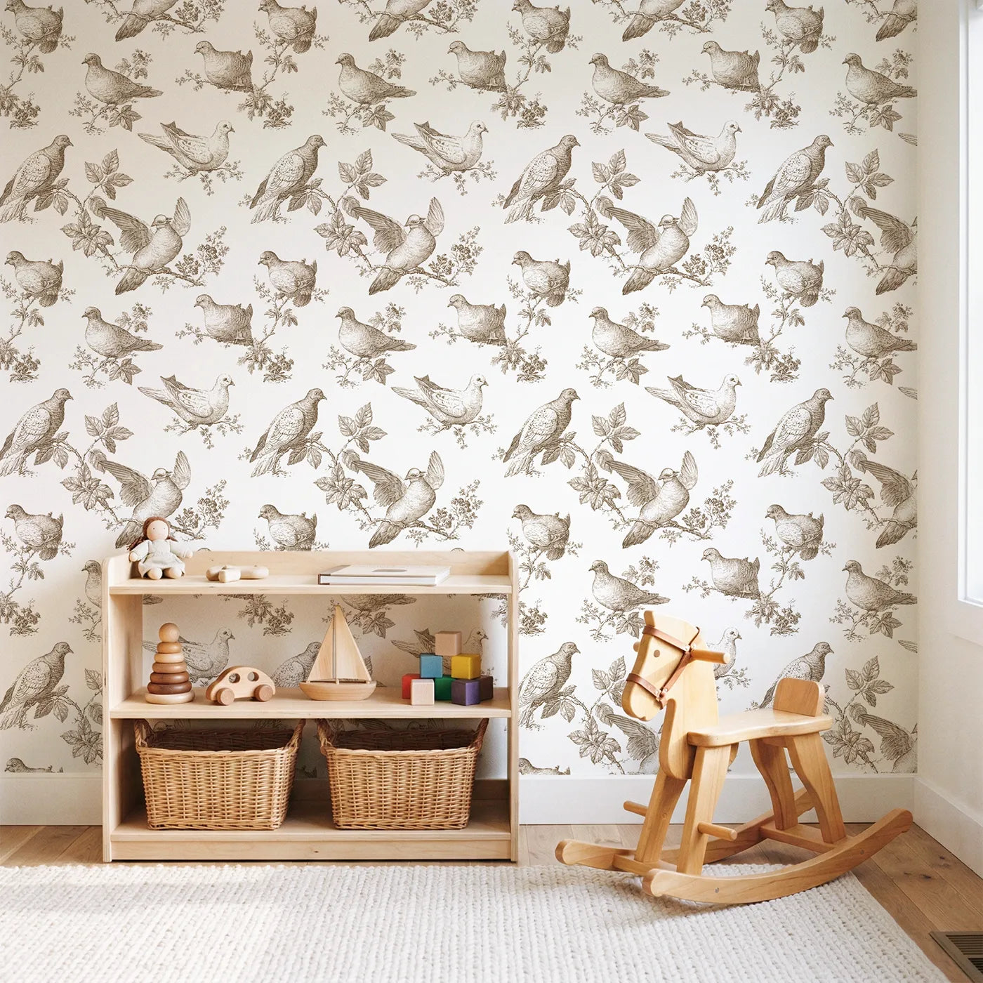Dove Toile Toss in Brown wallpaper in a styled nursery - Whimsy Tots