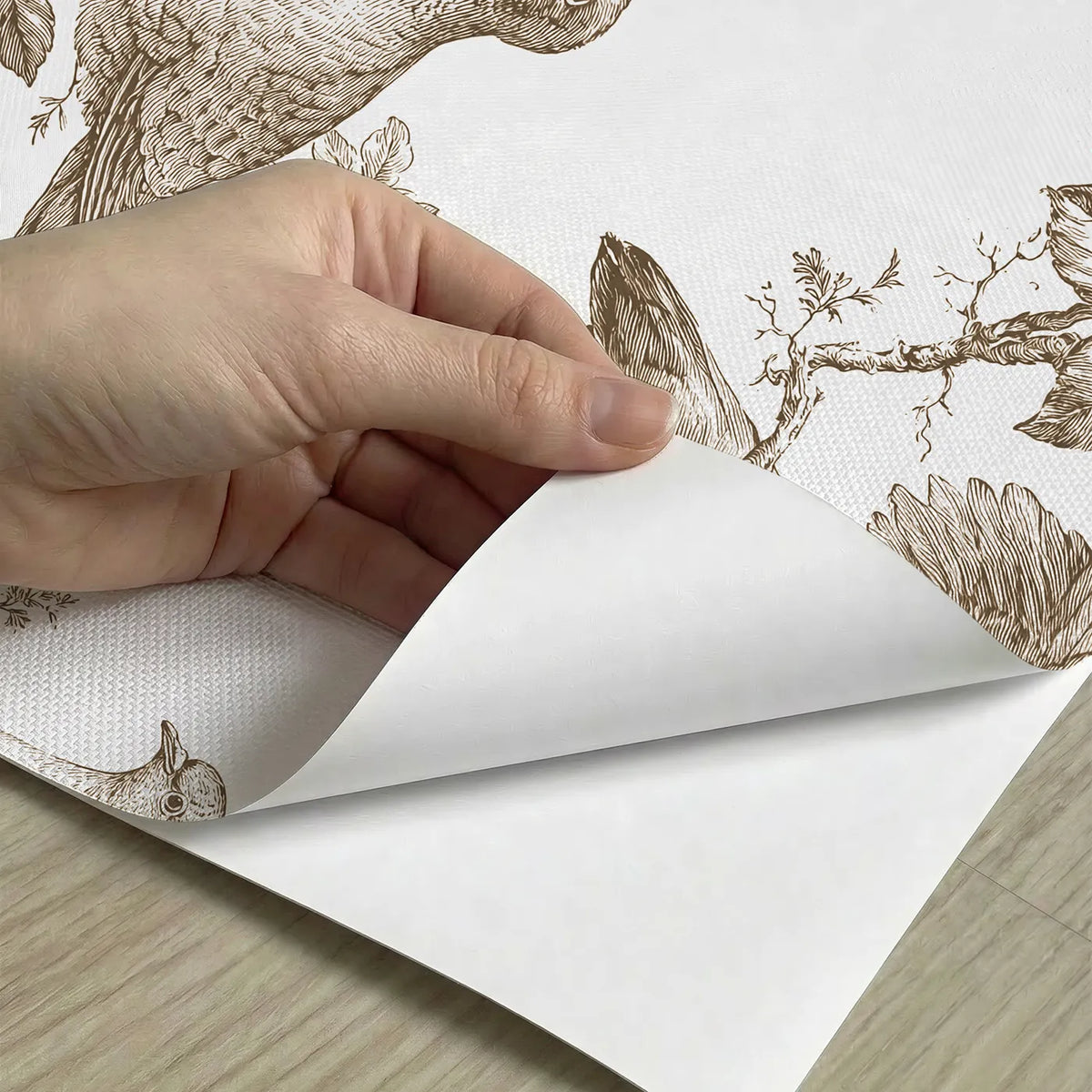 Dove Toile Toss in Brown peel and stick material close-up - Whimsy Tots