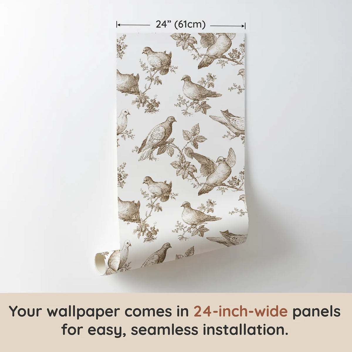 Dove Toile Toss in Brown wallpaper panel dimensions - Whimsy Tots