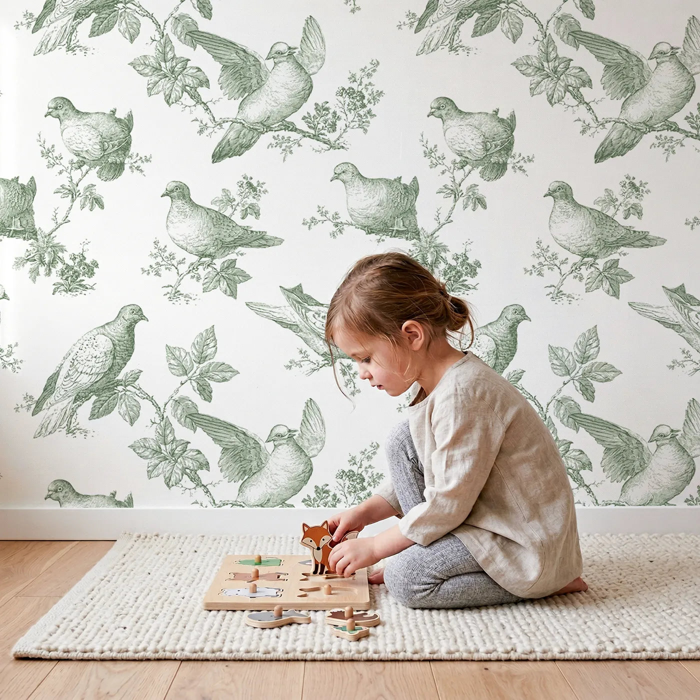 Dove Toile Toss in Green wallpaper in a cozy kids room - Whimsy Tots