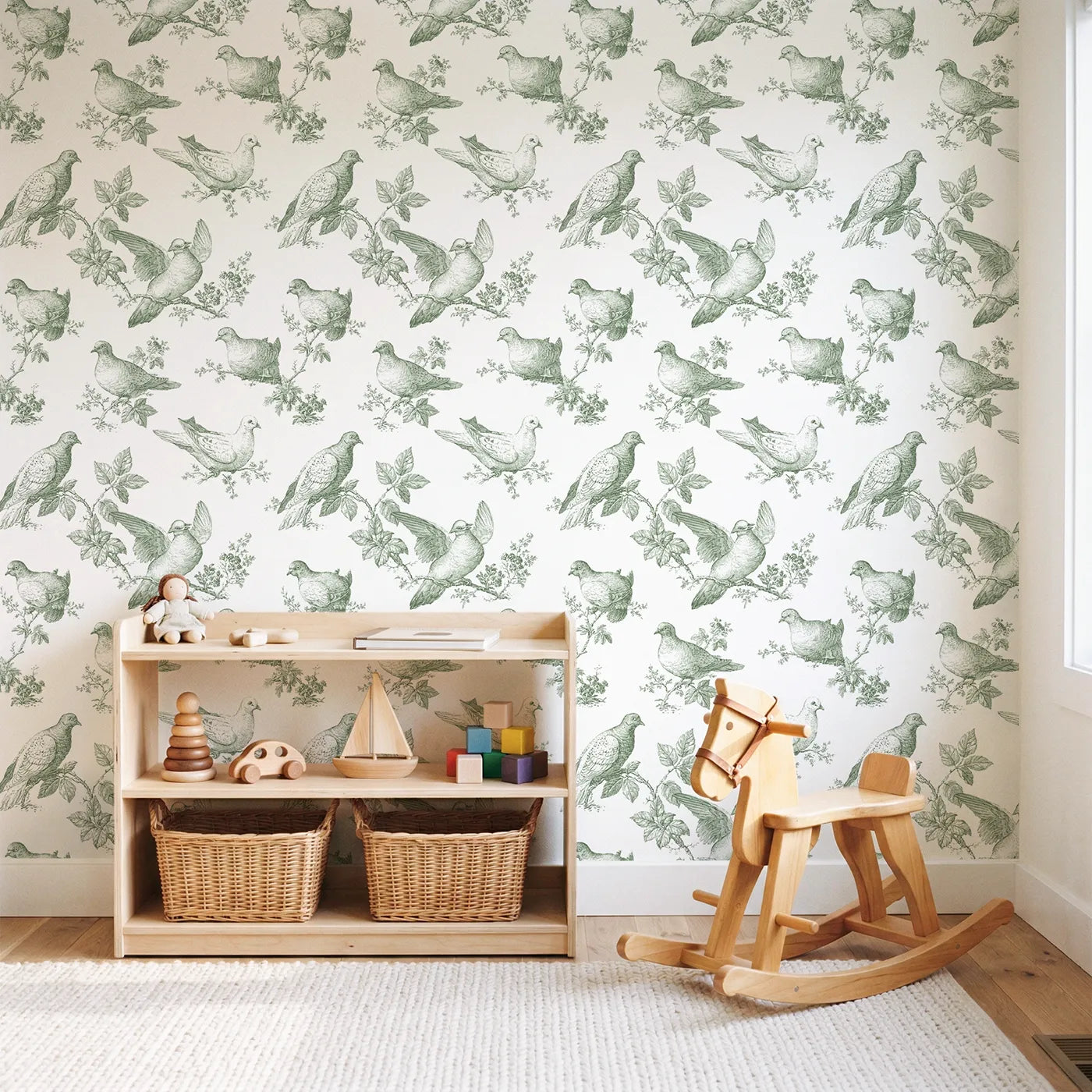 Dove Toile Toss in Green wallpaper in a styled nursery - Whimsy Tots