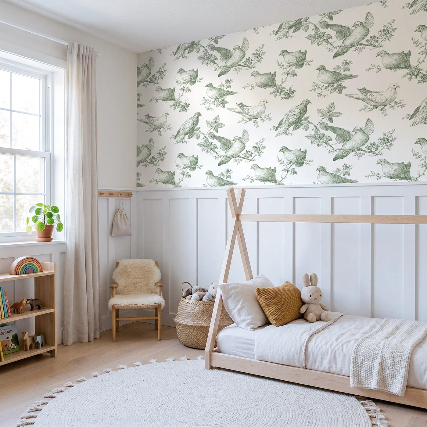 Dove Toile Toss in Green wallpaper above wainscoting - Whimsy Tots