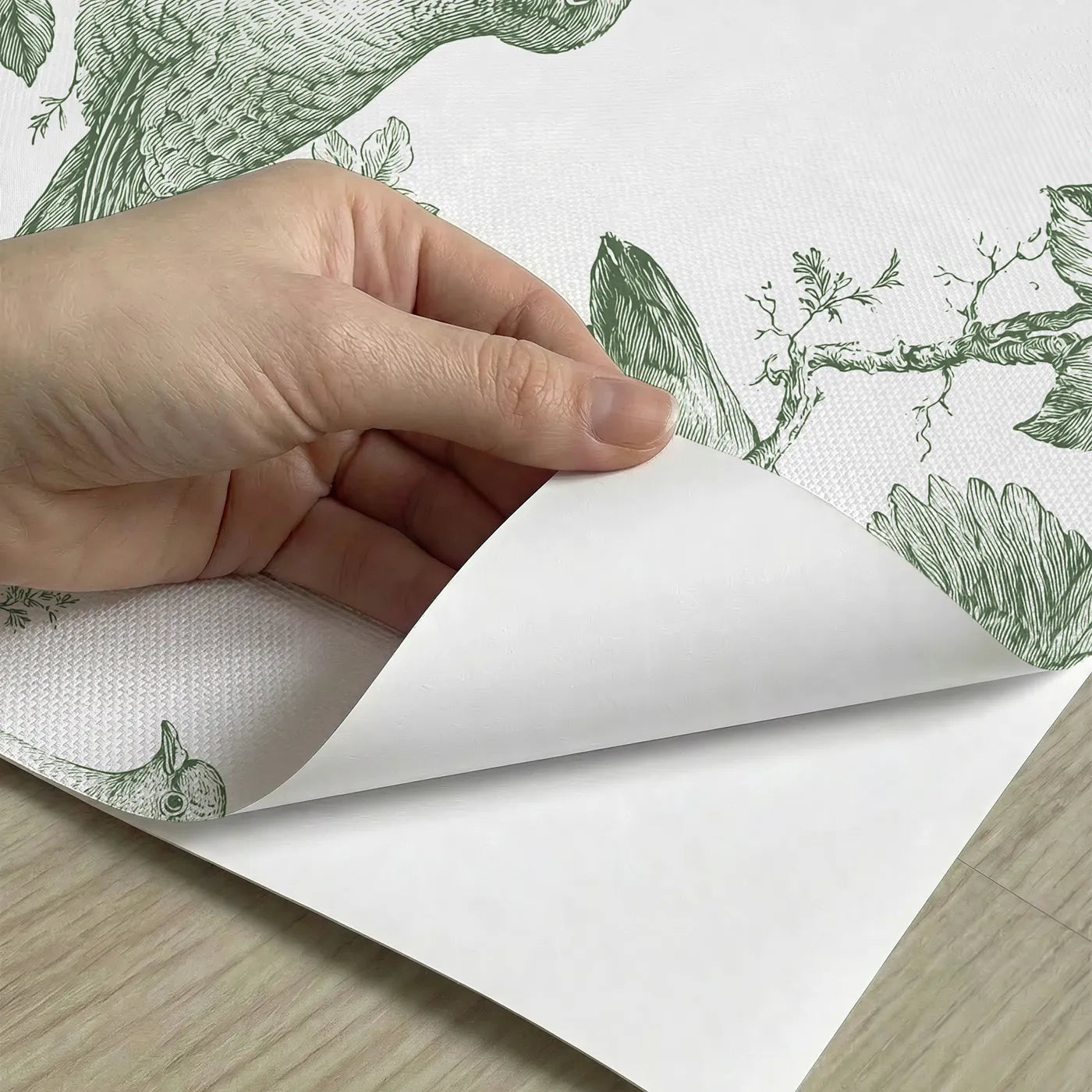 Dove Toile Toss in Green peel and stick material close-up - Whimsy Tots