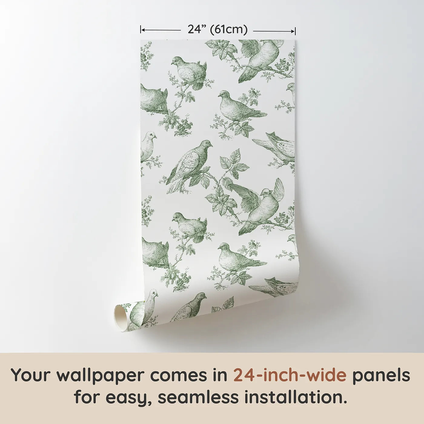 Dove Toile Toss in Green wallpaper panel dimensions - Whimsy Tots