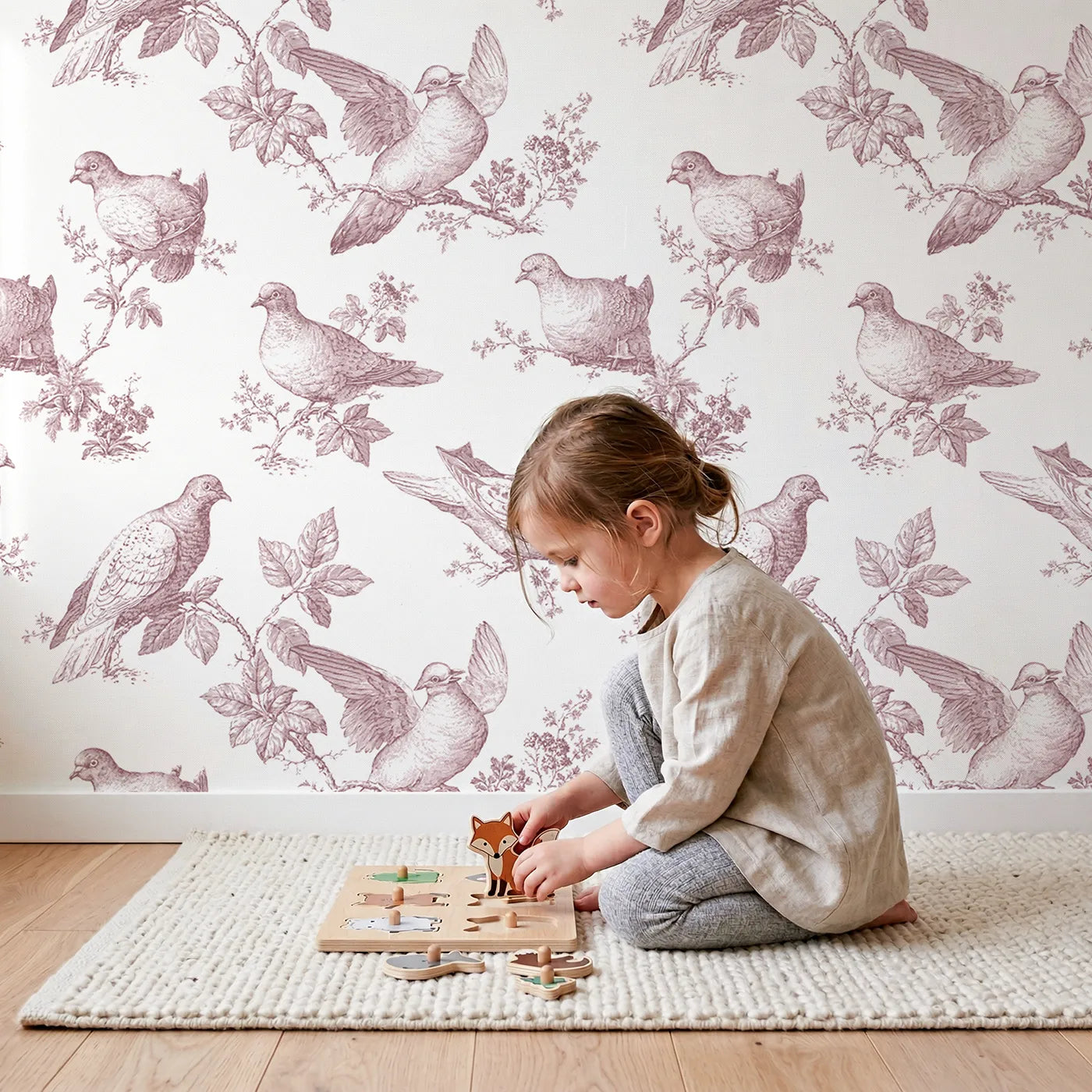 Dove Toile Toss in Pink wallpaper in a cozy kids room - Whimsy Tots