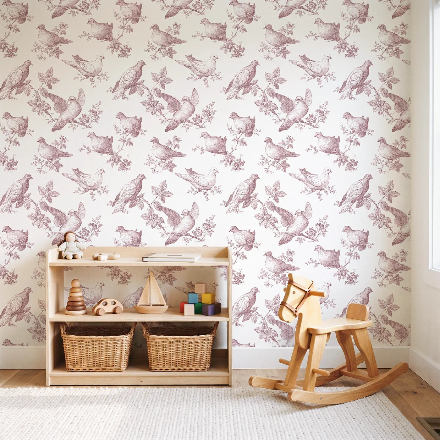 Dove Toile Toss in Pink wallpaper in a styled nursery - Whimsy Tots