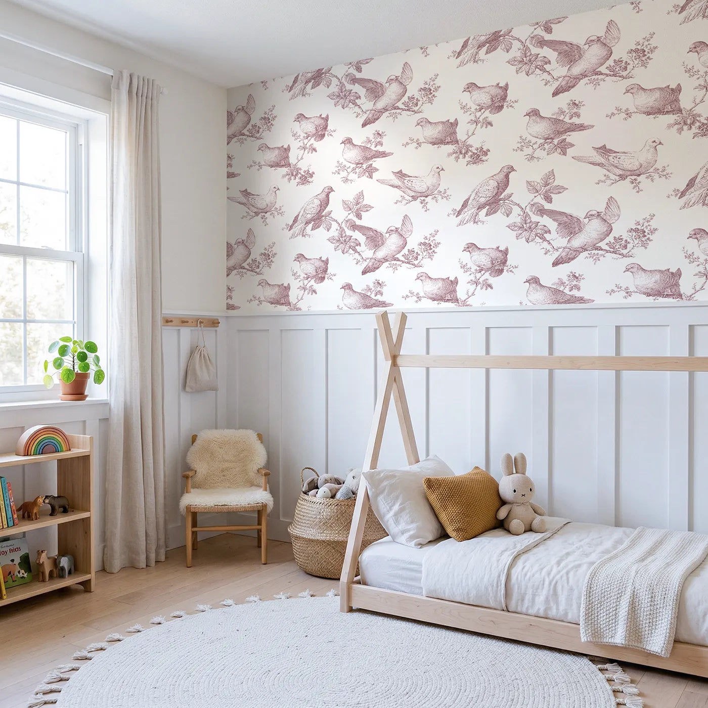 Dove Toile Toss in Pink wallpaper above wainscoting - Whimsy Tots