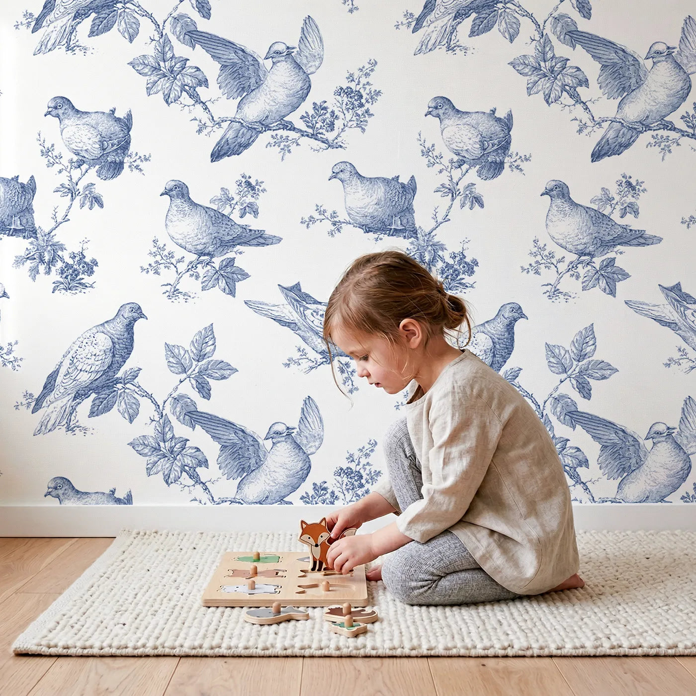 Dove Toile Toss wallpaper in a cozy kids room - Whimsy Tots
