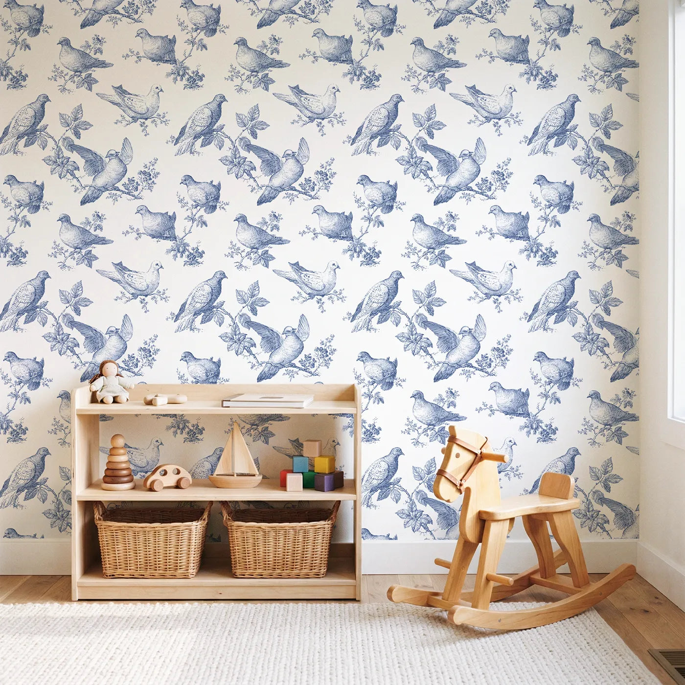 Dove Toile Toss wallpaper in a styled nursery - Whimsy Tots