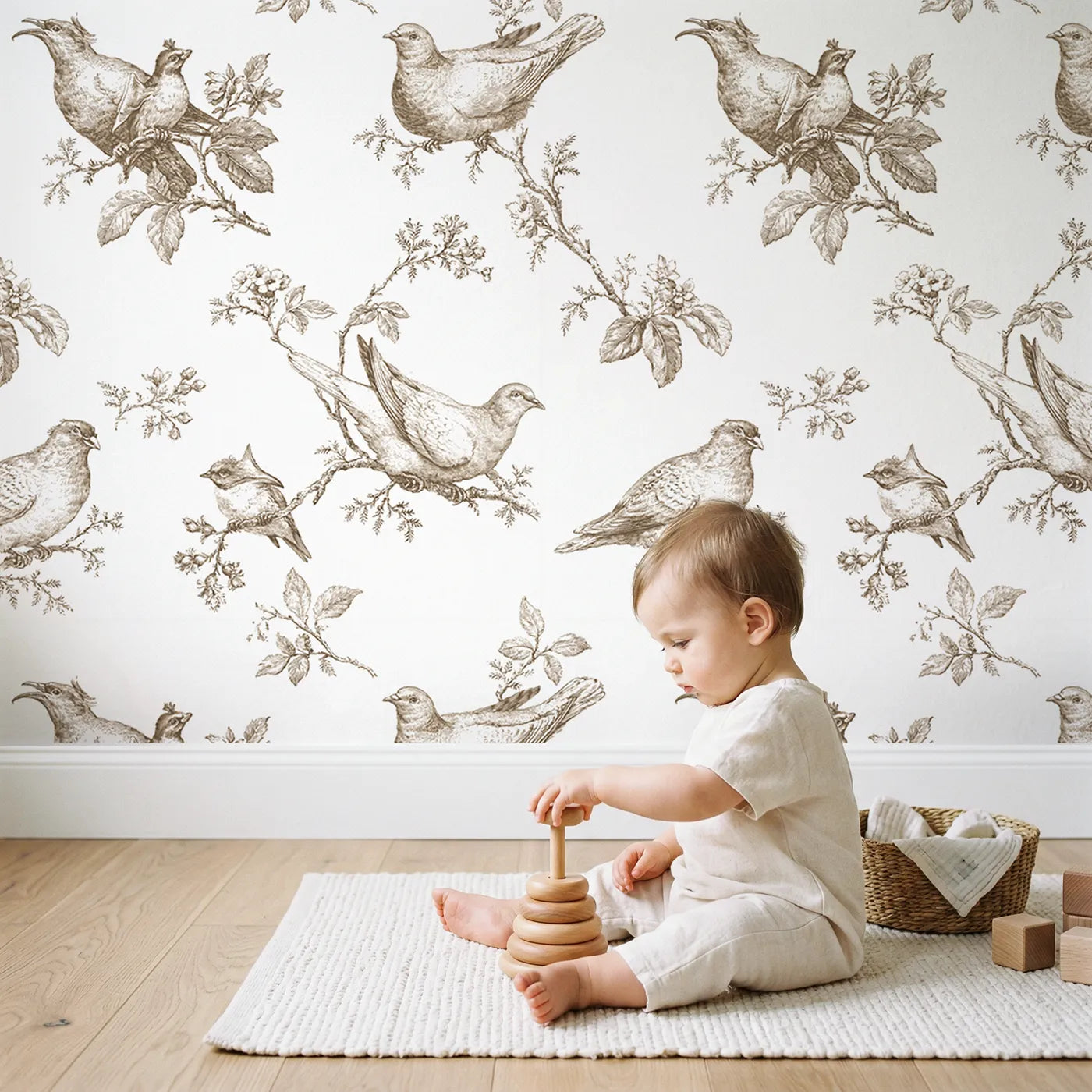 Dove Toile Rows in Brown wallpaper in a cozy kids room - Whimsy Tots