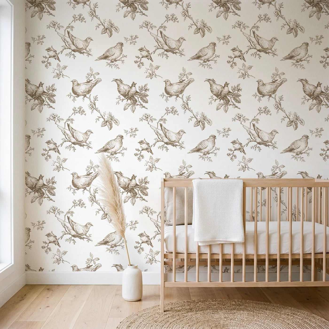 Dove Toile Rows in Brown wallpaper in a styled nursery - Whimsy Tots