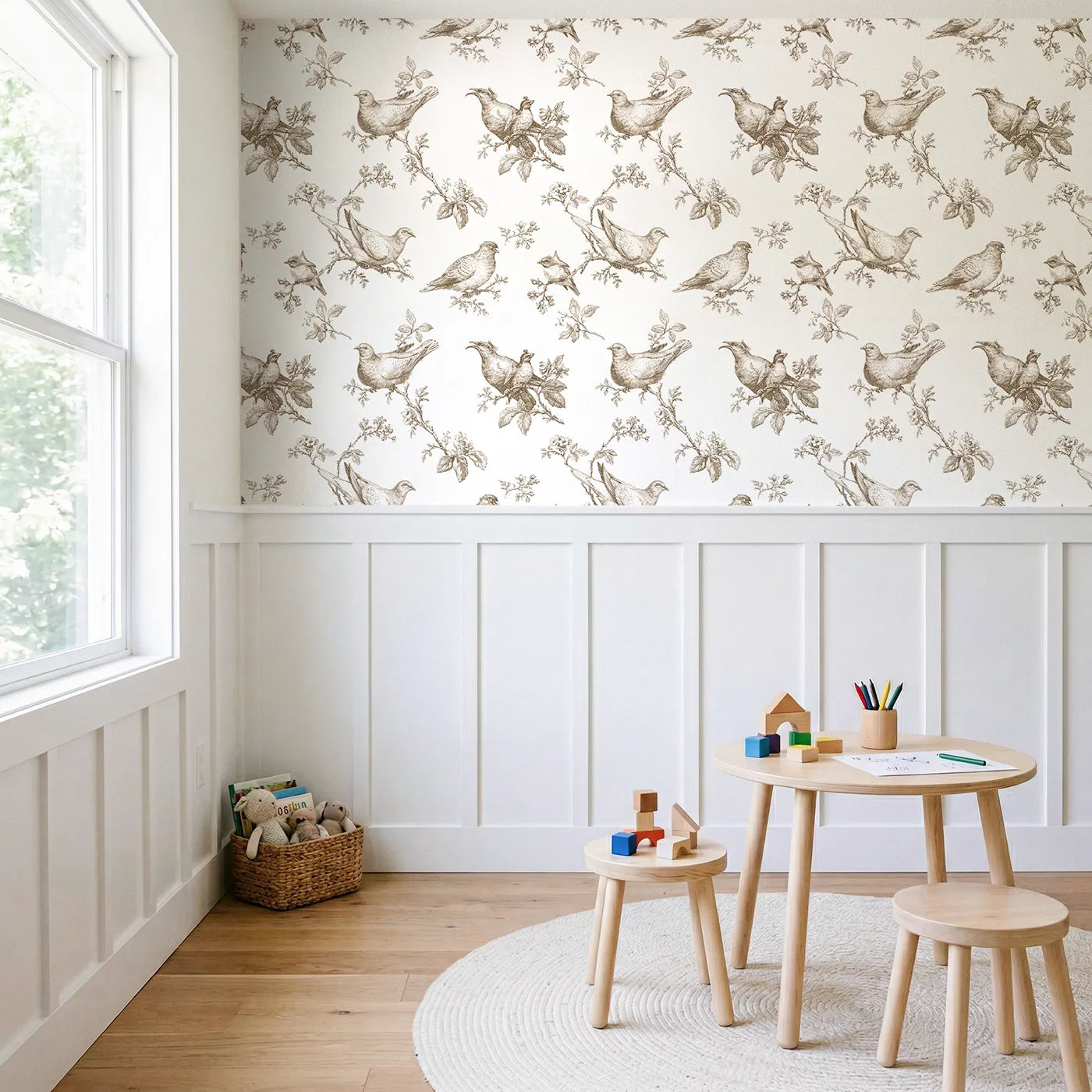 Dove Toile Rows in Brown wallpaper above wainscoting - Whimsy Tots