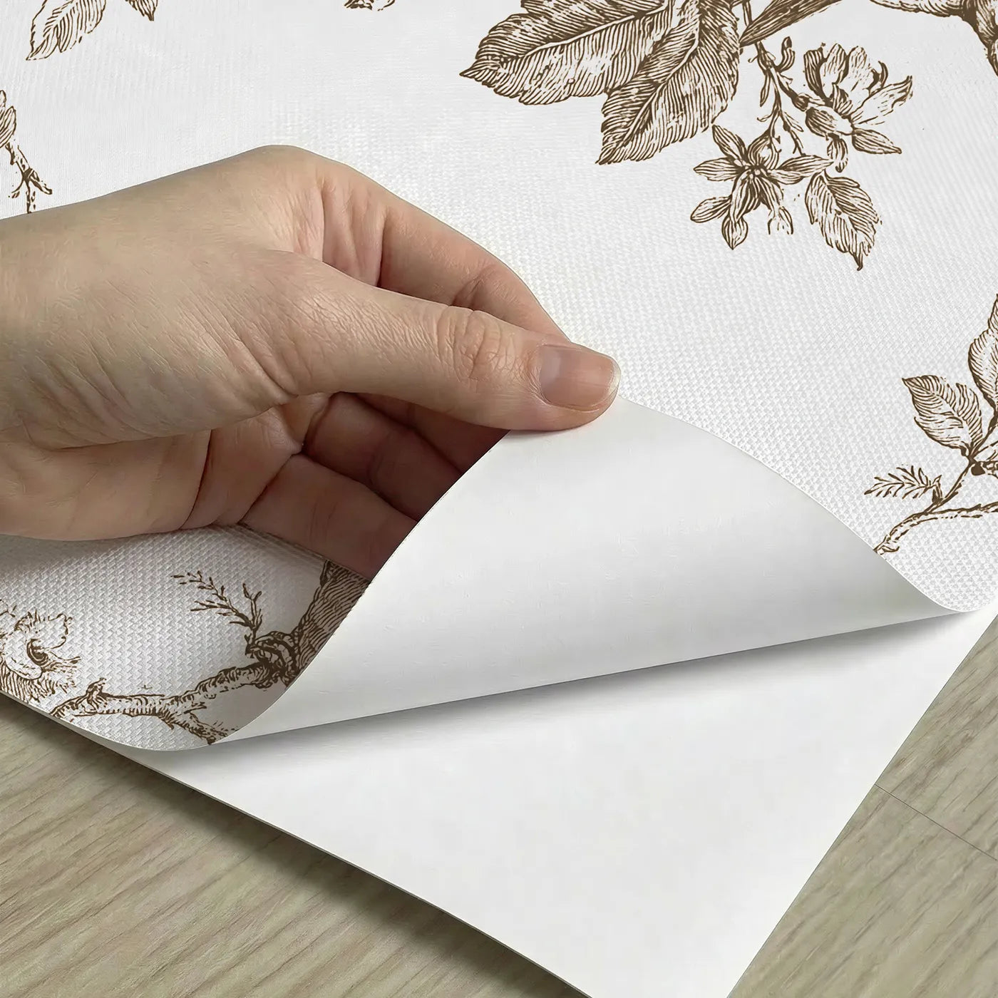 Dove Toile Rows in Brown peel and stick material close-up - Whimsy Tots