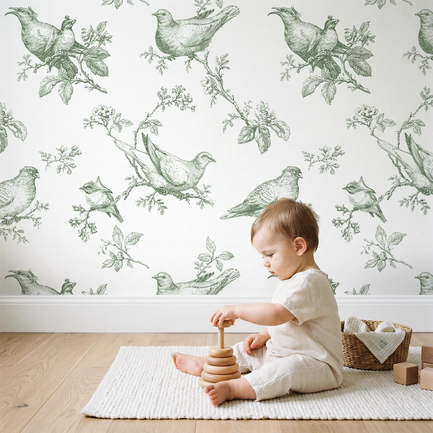Dove Toile Rows in Green wallpaper in a cozy kids room - Whimsy Tots
