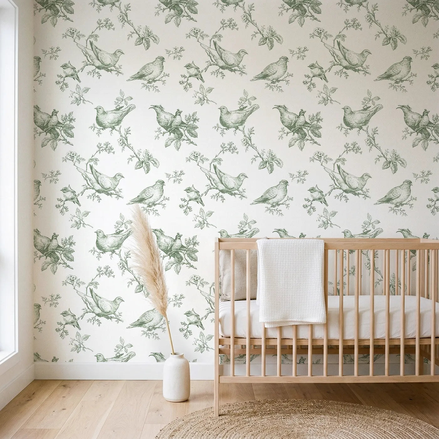 Dove Toile Rows in Green wallpaper in a styled nursery - Whimsy Tots