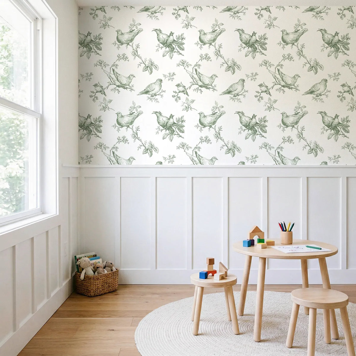 Dove Toile Rows in Green wallpaper above wainscoting - Whimsy Tots