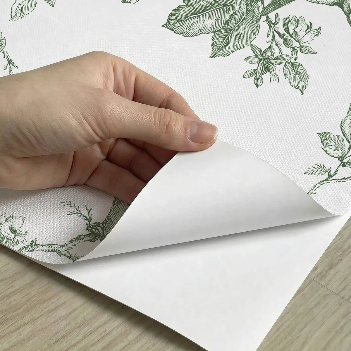 Dove Toile Rows in Green peel and stick material close-up - Whimsy Tots