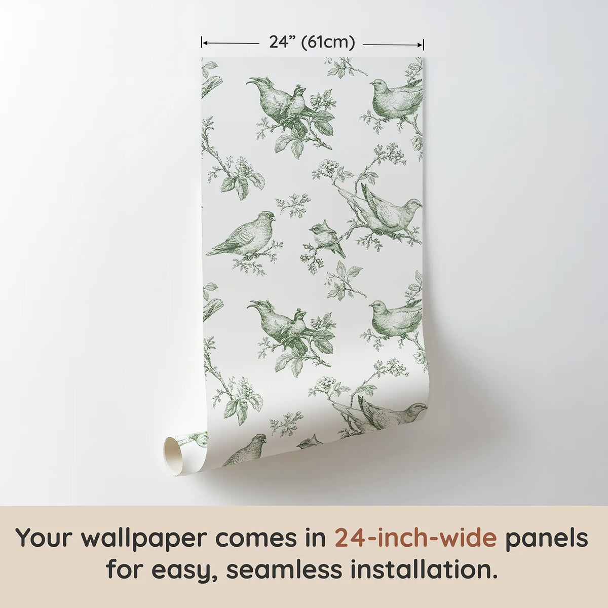 Dove Toile Rows in Green wallpaper panel dimensions - Whimsy Tots