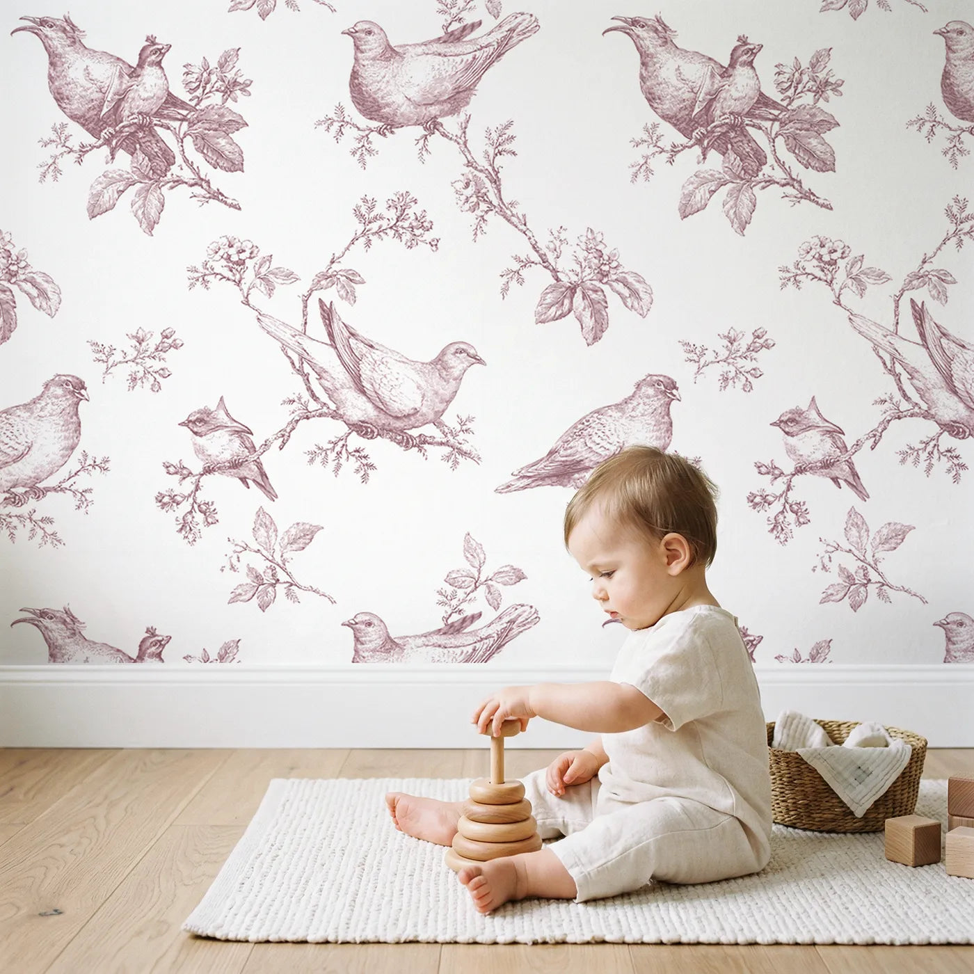 Dove Toile Rows in Pink wallpaper in a cozy kids room - Whimsy Tots