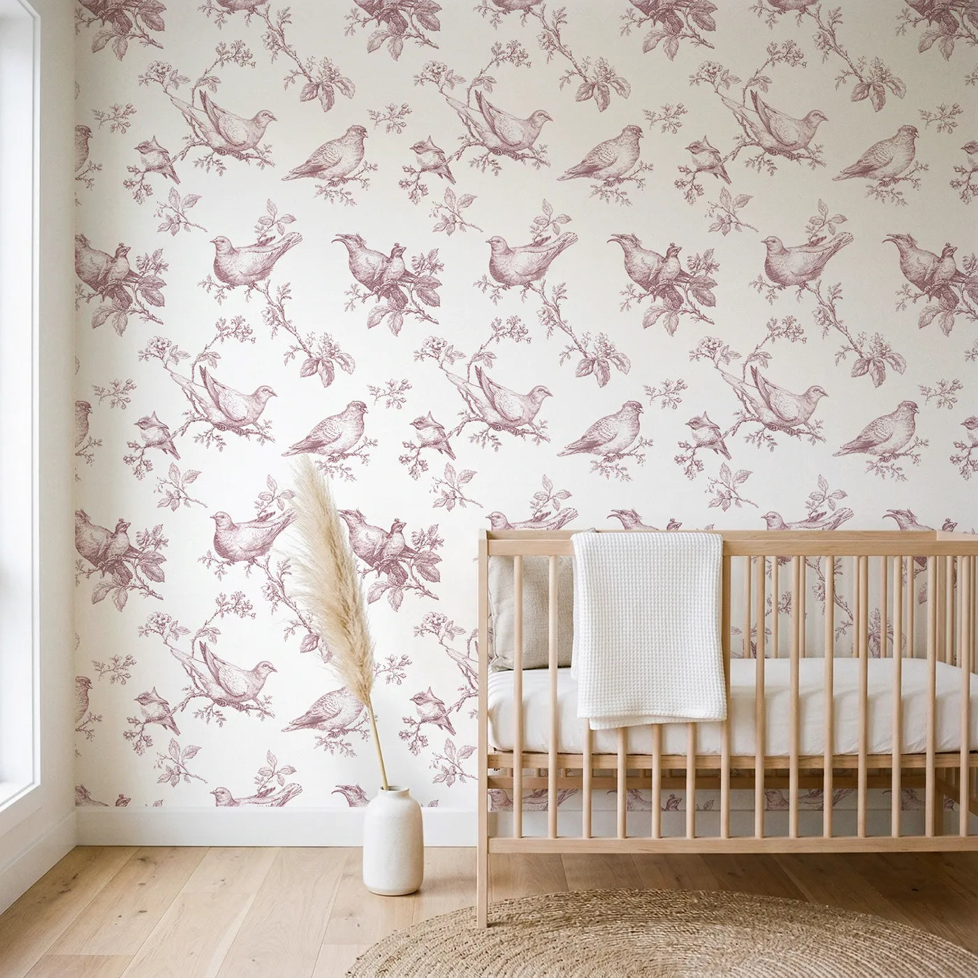 Dove Toile Rows in Pink wallpaper in a styled nursery - Whimsy Tots