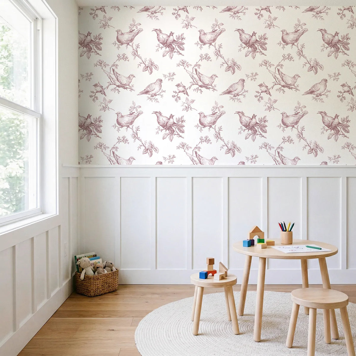 Dove Toile Rows in Pink wallpaper above wainscoting - Whimsy Tots