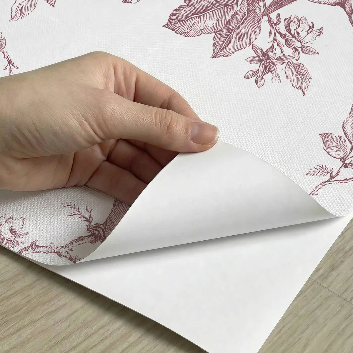 Dove Toile Rows in Pink peel and stick material close-up - Whimsy Tots