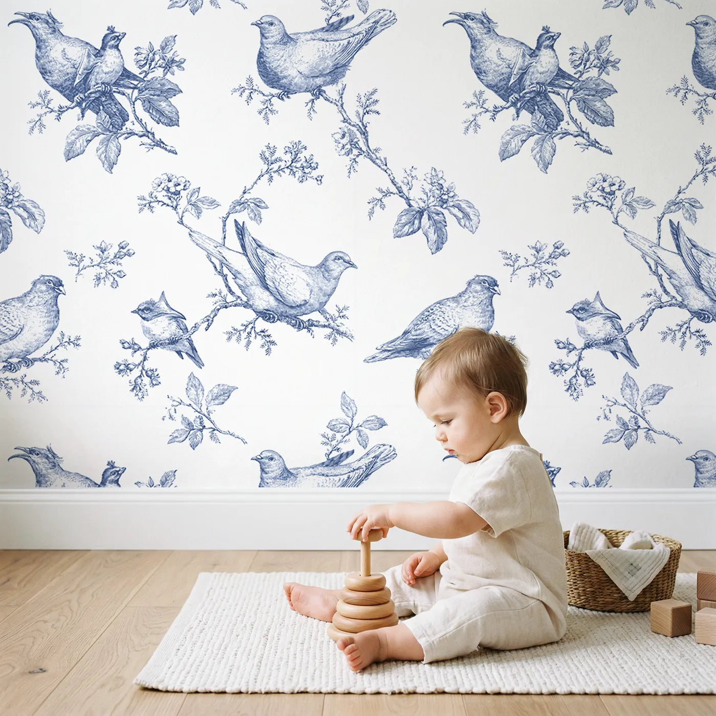 Dove Toile Rows wallpaper in a cozy kids room - Whimsy Tots