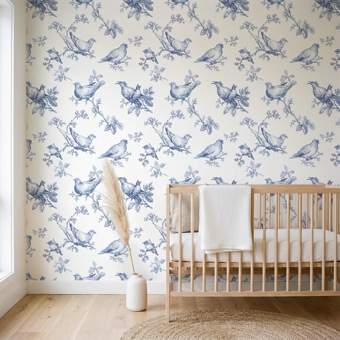 Dove Toile Rows wallpaper in a styled nursery - Whimsy Tots