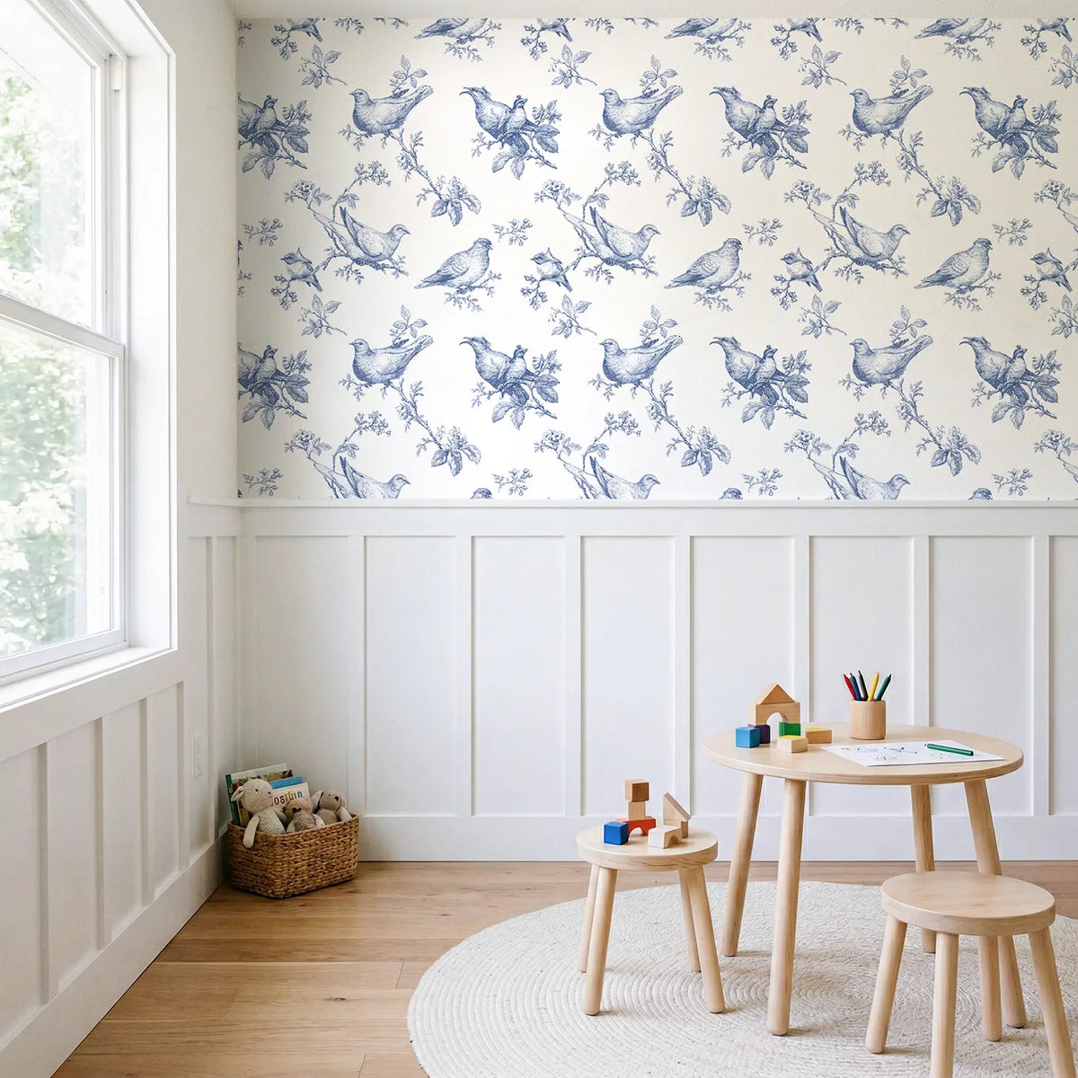 Dove Toile Rows wallpaper above wainscoting - Whimsy Tots