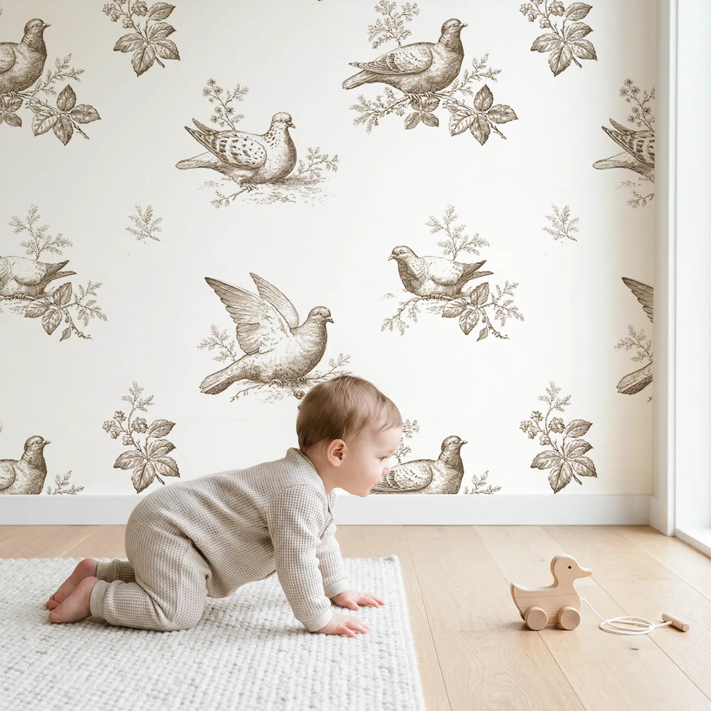 Dove Toile Drop in Brown wallpaper in a cozy kids room - Whimsy Tots