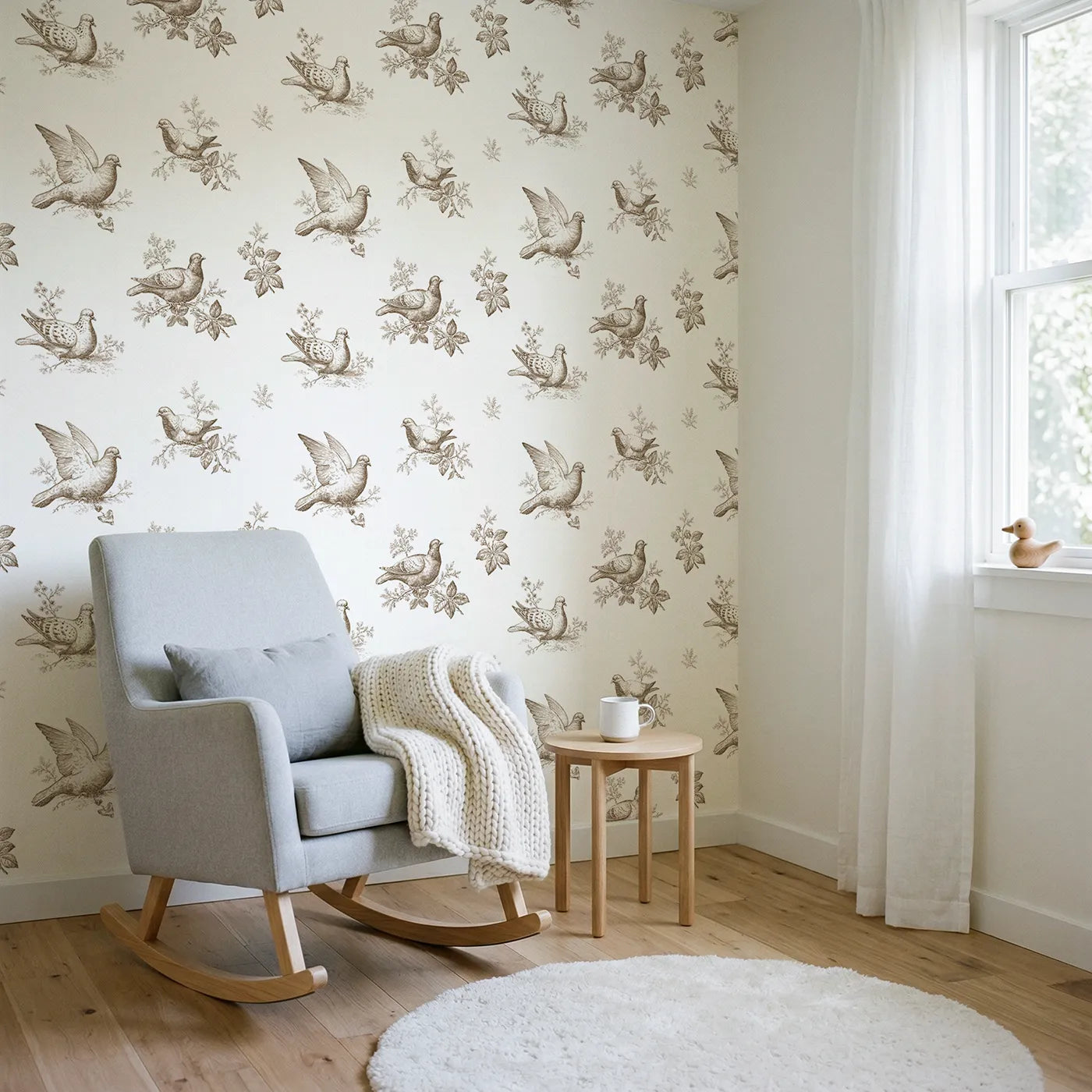 Dove Toile Drop in Brown wallpaper in a styled nursery - Whimsy Tots