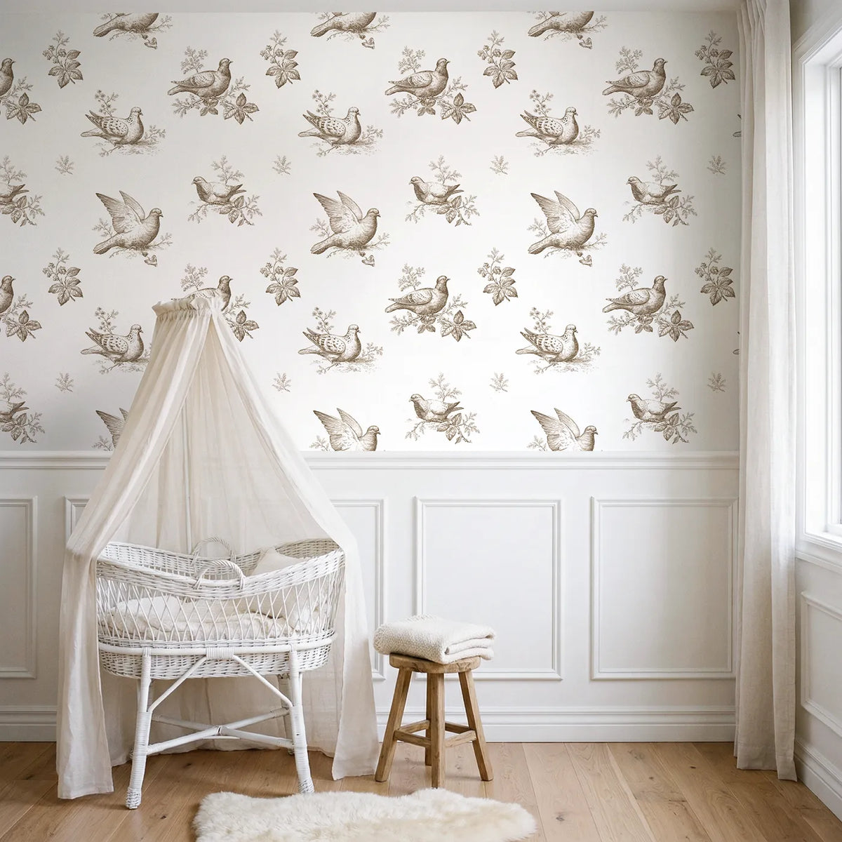 Dove Toile Drop in Brown wallpaper above wainscoting - Whimsy Tots
