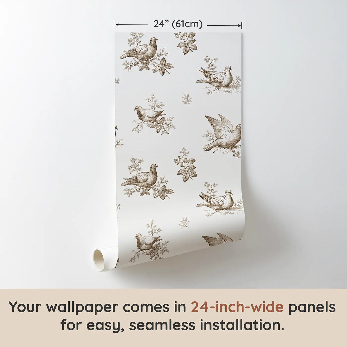 Dove Toile Drop in Brown wallpaper panel dimensions - Whimsy Tots
