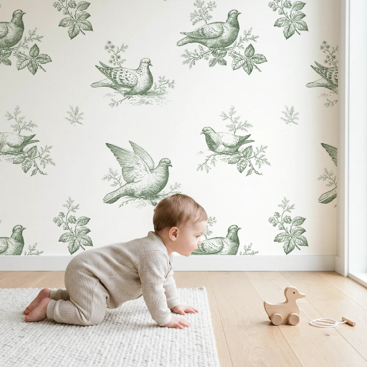 Dove Toile Drop in Green wallpaper in a cozy kids room - Whimsy Tots
