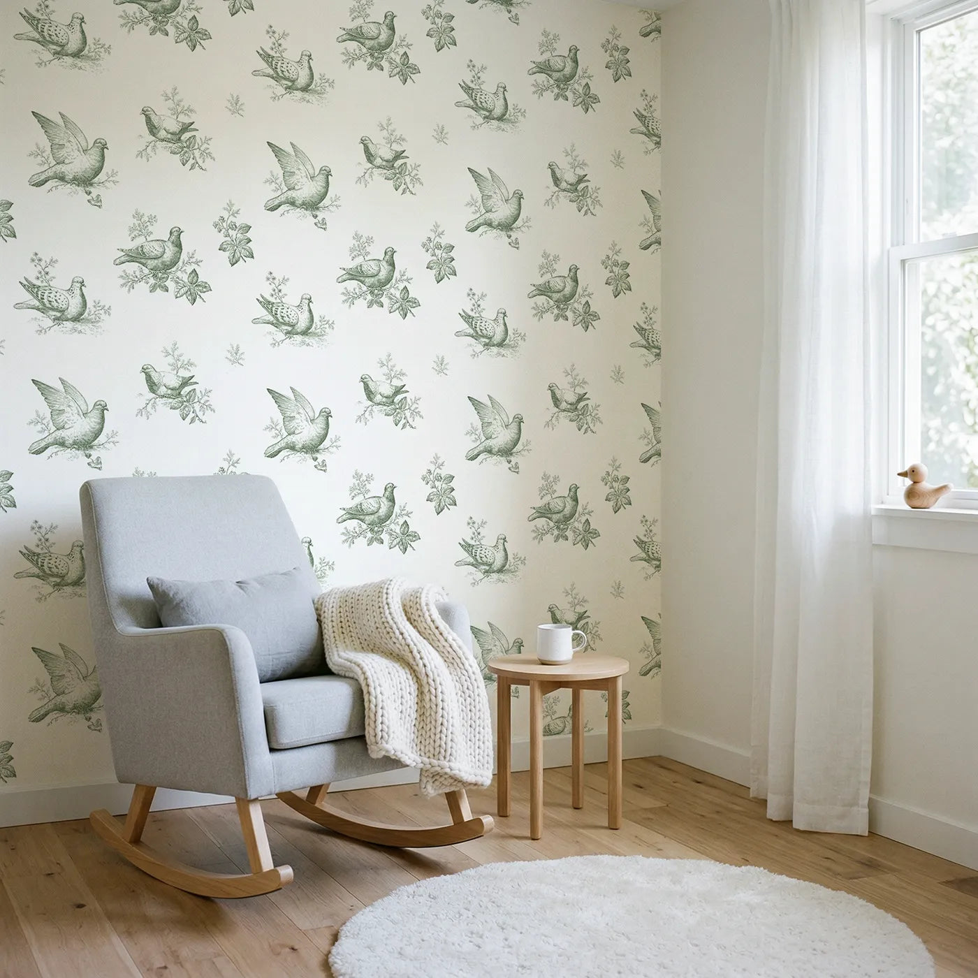 Dove Toile Drop in Green wallpaper in a styled nursery - Whimsy Tots
