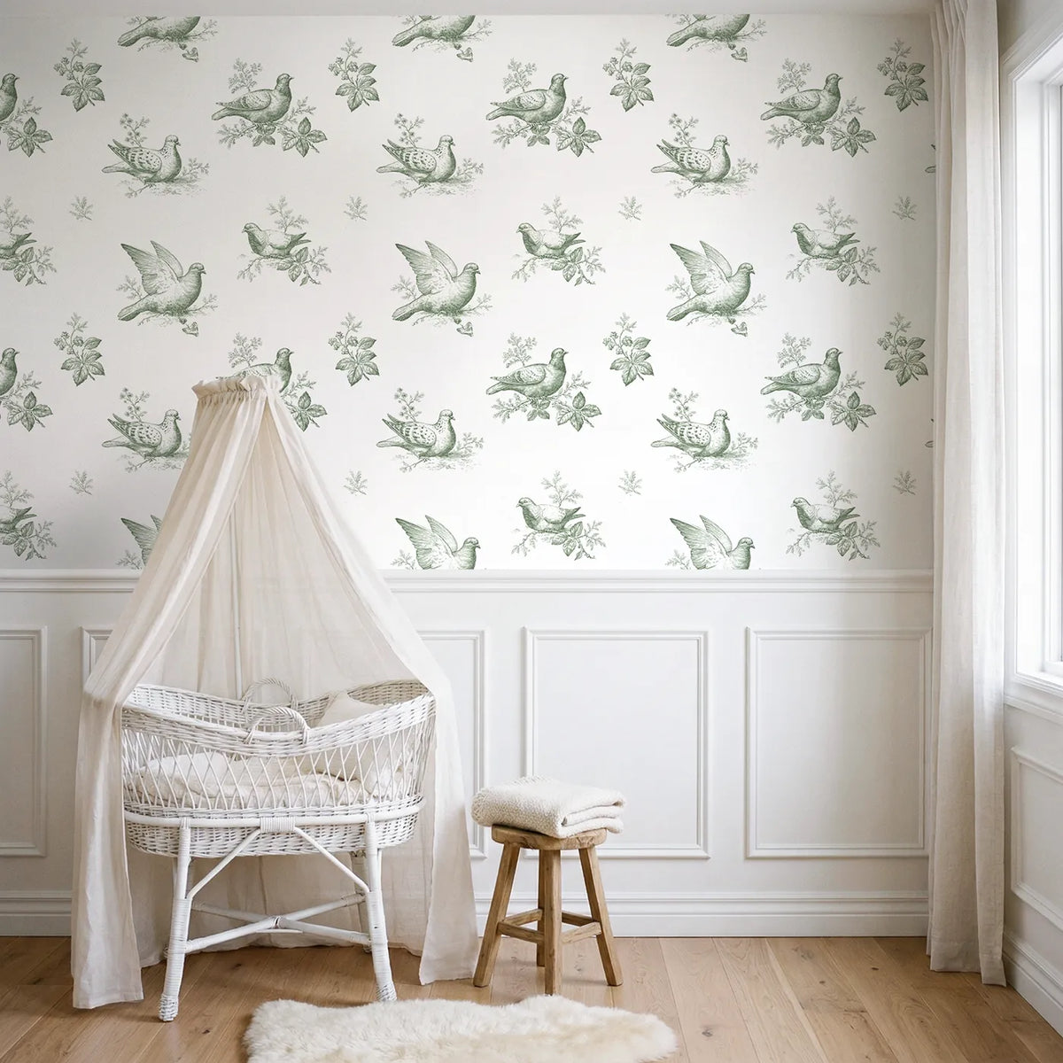 Dove Toile Drop in Green wallpaper above wainscoting - Whimsy Tots