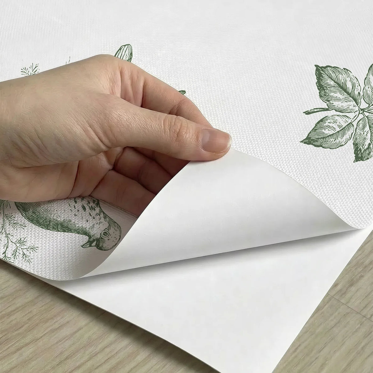 Dove Toile Drop in Green peel and stick material close-up - Whimsy Tots