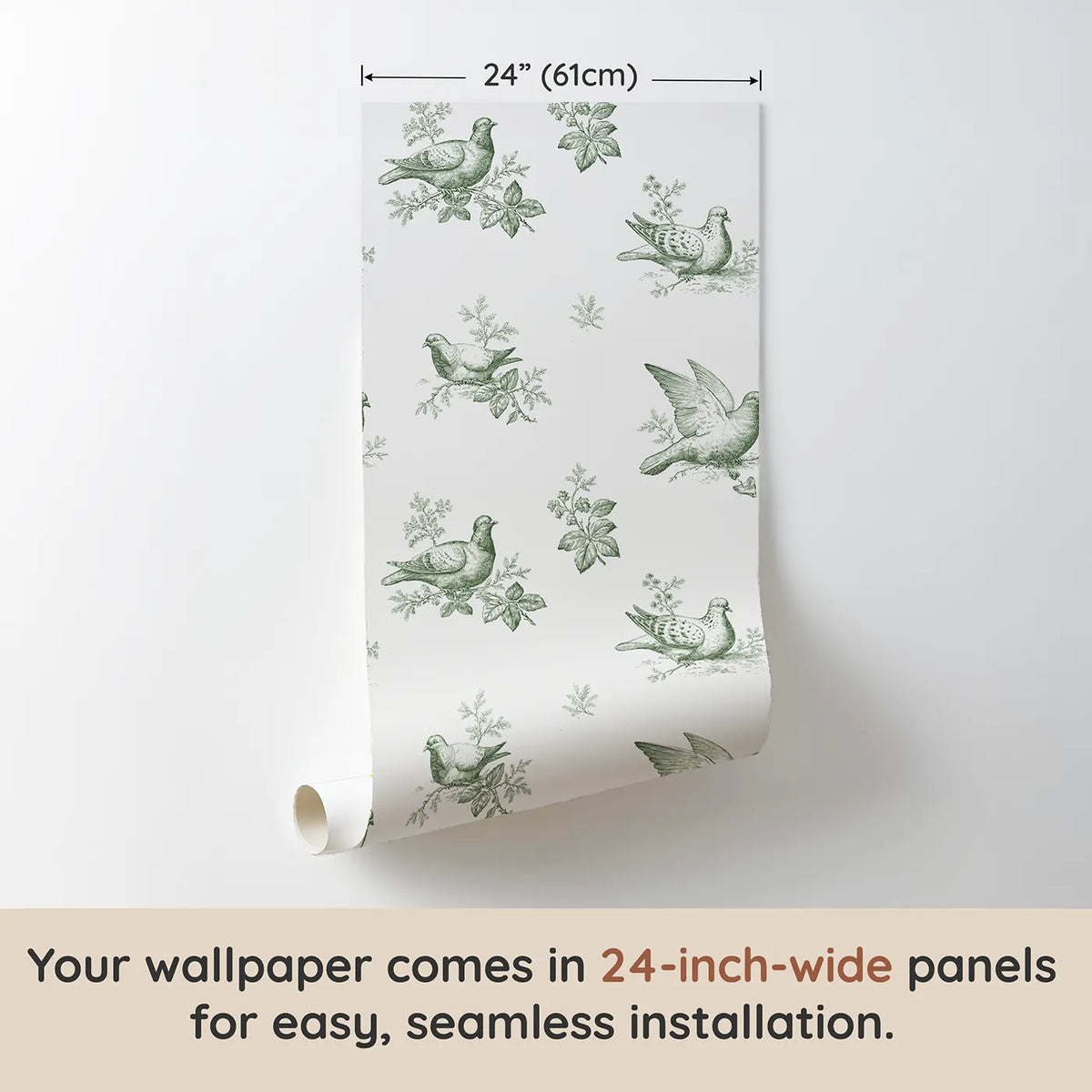 Dove Toile Drop in Green wallpaper panel dimensions - Whimsy Tots