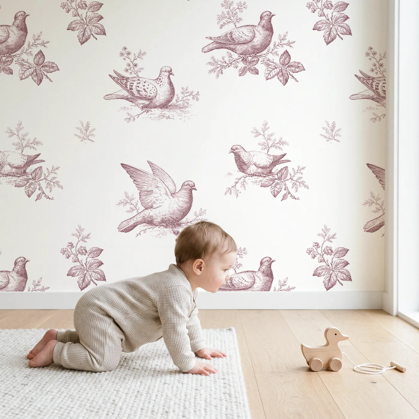 Dove Toile Drop in Pink wallpaper in a cozy kids room - Whimsy Tots