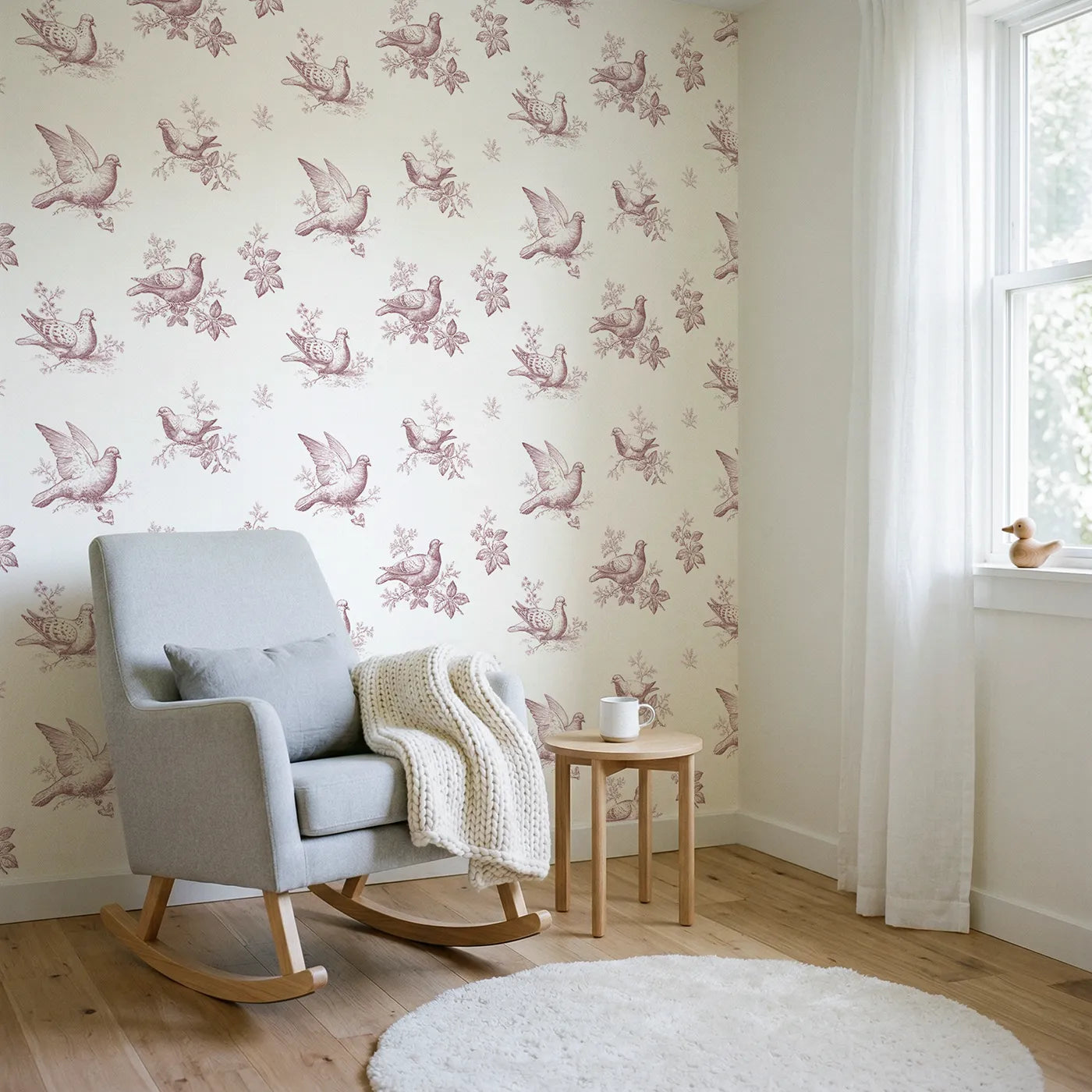 Dove Toile Drop in Pink wallpaper in a styled nursery - Whimsy Tots