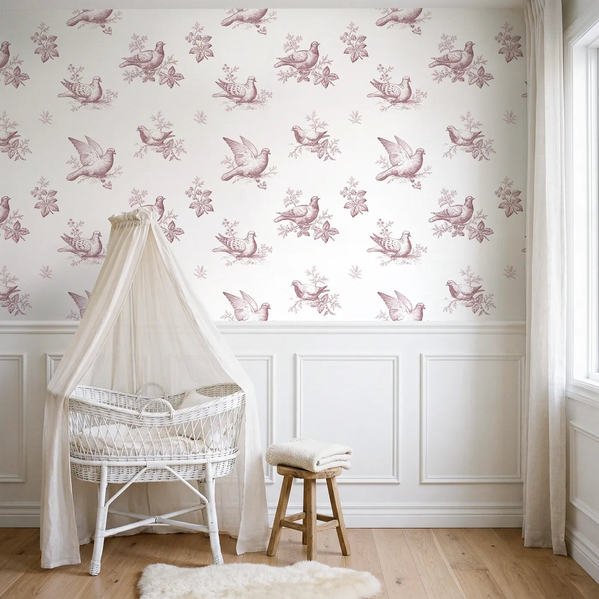 Dove Toile Drop in Pink wallpaper above wainscoting - Whimsy Tots