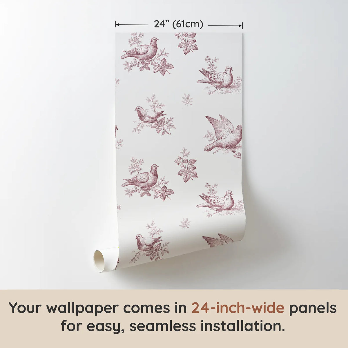 Dove Toile Drop in Pink wallpaper panel dimensions - Whimsy Tots