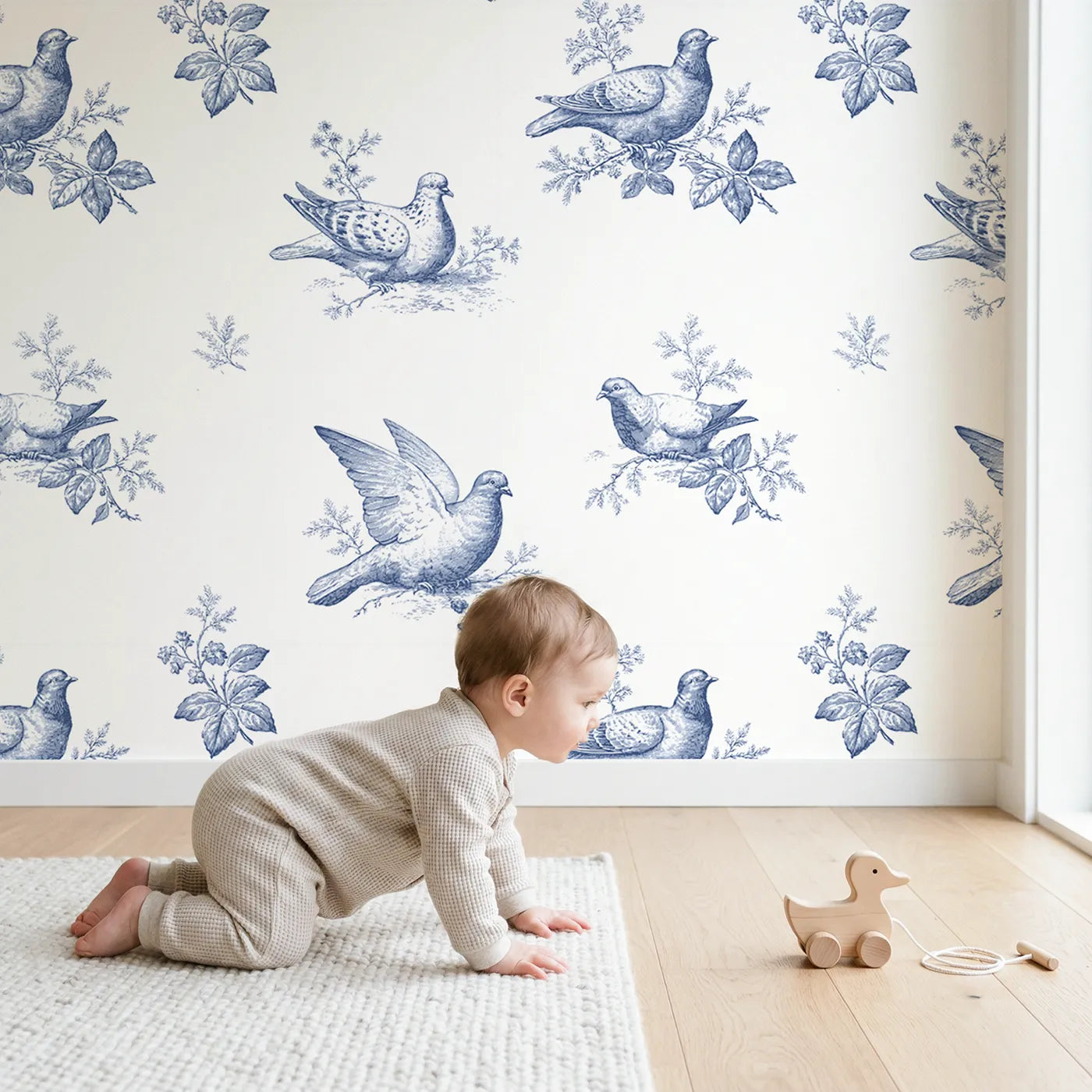 Dove Toile Drop wallpaper in a cozy kids room - Whimsy Tots