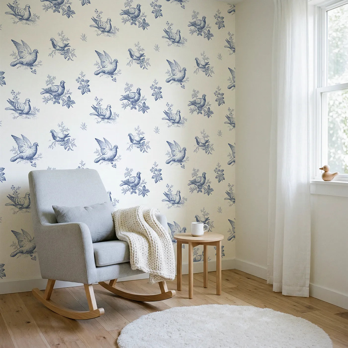 Dove Toile Drop wallpaper in a styled nursery - Whimsy Tots
