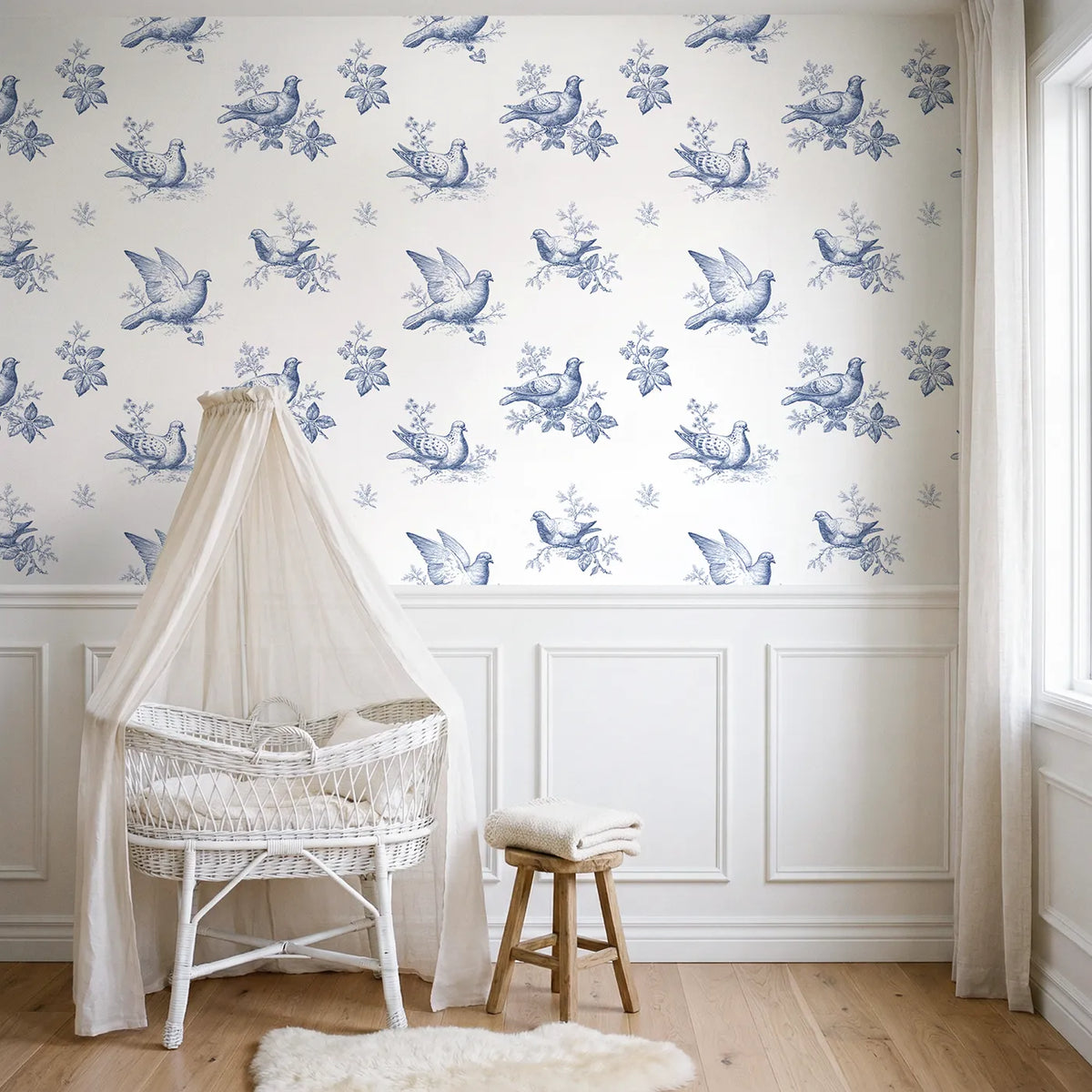 Dove Toile Drop wallpaper above wainscoting - Whimsy Tots
