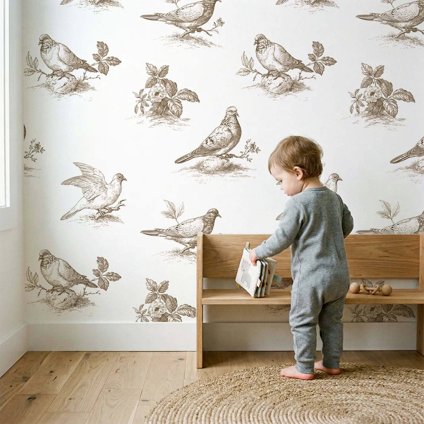 Dove Toile Scene in Brown wallpaper in a cozy kids room - Whimsy Tots