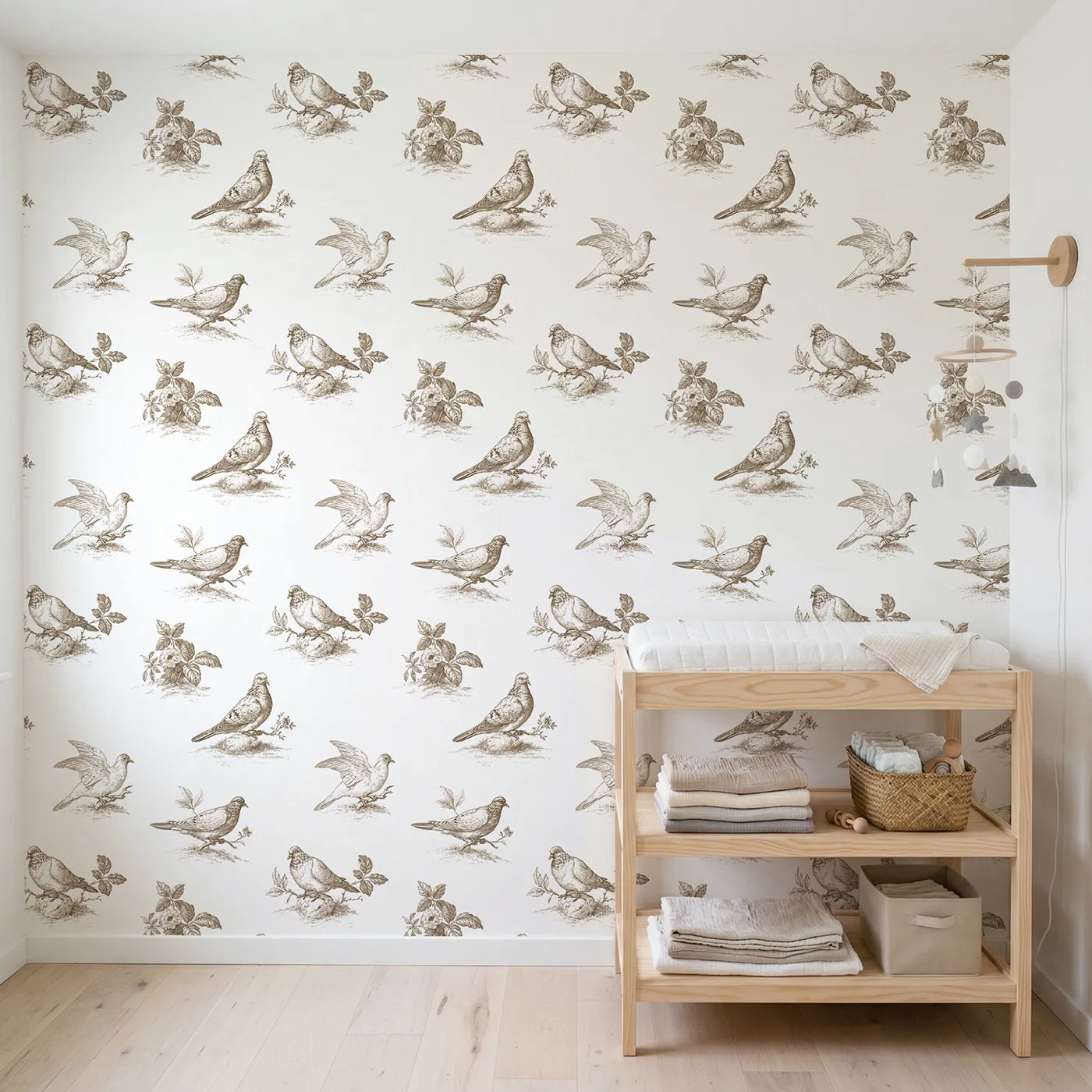 Dove Toile Scene in Brown wallpaper in a styled nursery - Whimsy Tots