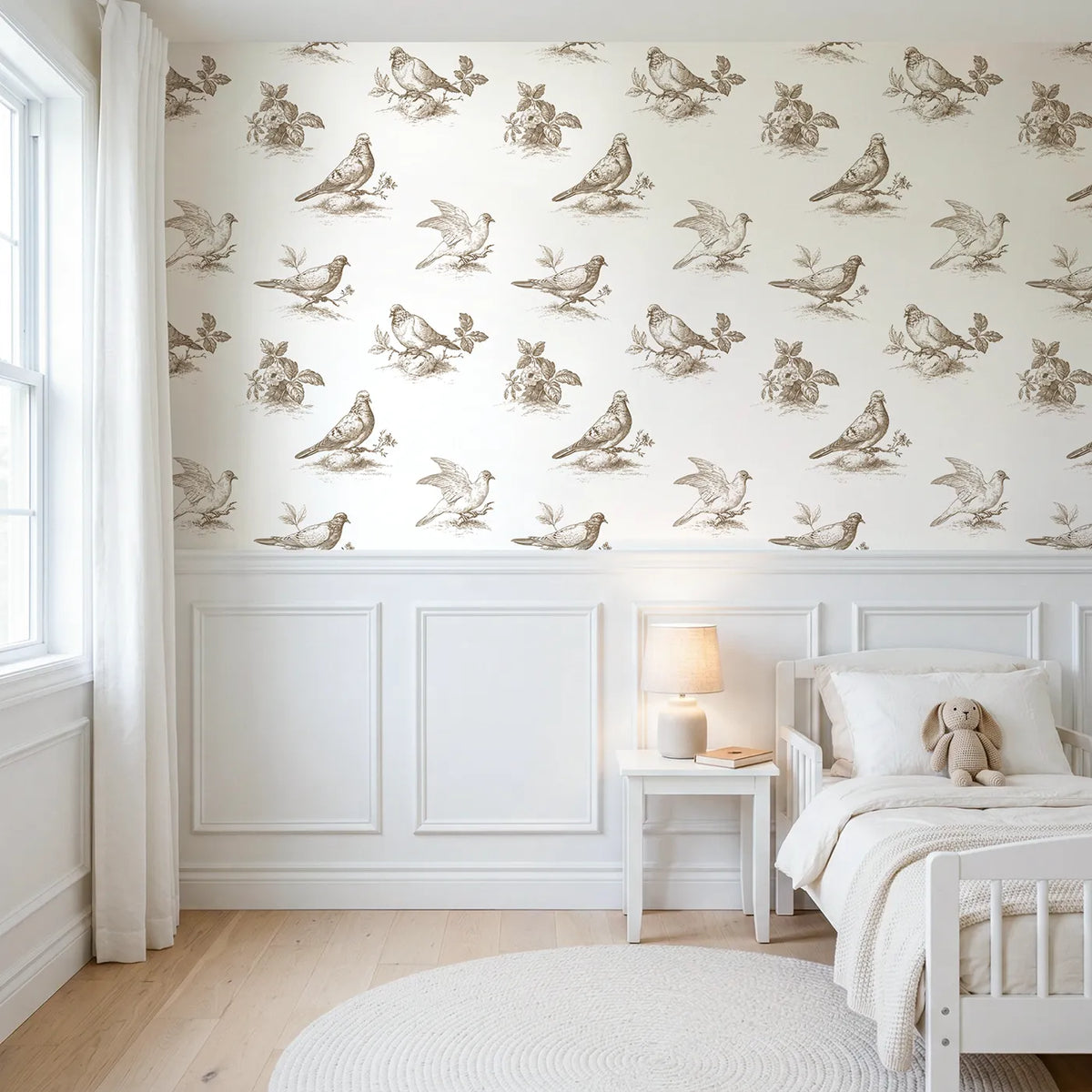 Dove Toile Scene in Brown wallpaper above wainscoting - Whimsy Tots